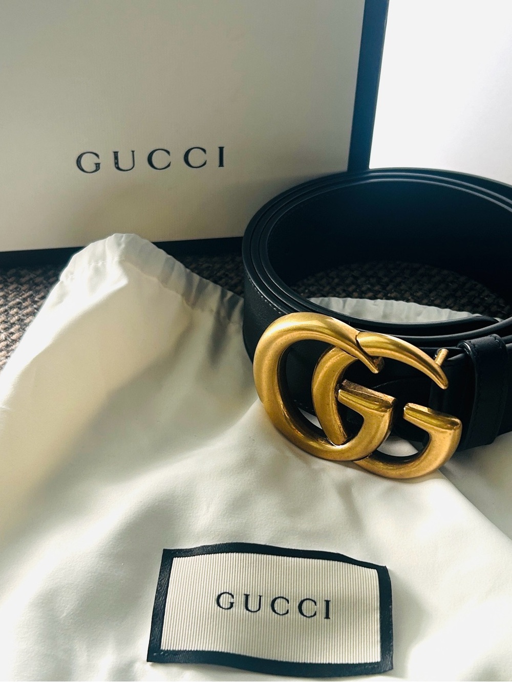 GUCCI GG Marmont Wide Leather Belt Black Antique Gold Buckle Size 100/40 luxury